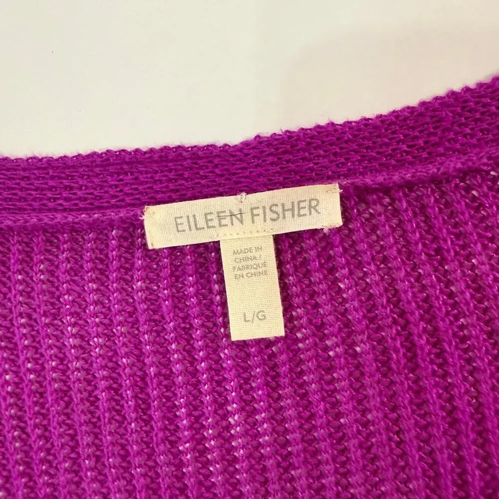 Eileen Fisher L Womens V Neck Boxy Sweater Fuchsia Plim 100% Linen